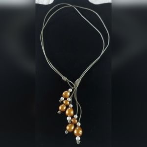 New Handmade Gold & White Pearl & Gray Leather 2-Way Necklace